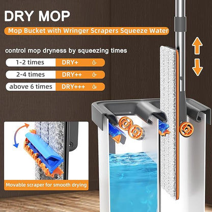 Mop and Bucket with Wringer Set for Home,61" Flat Mop and Bucket System for Floor Cleaning,Wet Dry Mop Window Wall Cleaner with Long Handle,Floor Mop with 4 Washable Microfiber Pads
