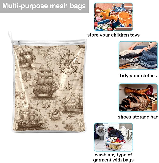 Mesh Laundry Bags Lingerie Bags for Washing Delicates 2 PCS Durable Wash Bag with Zipper Small and Medium Washable Vintage World Map Pirate Sailing Ship Anchor
