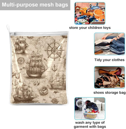 Mesh Laundry Bags Lingerie Bags for Washing Delicates 2 PCS Durable Wash Bag with Zipper Small and Medium Washable Vintage World Map Pirate Sailing Ship Anchor