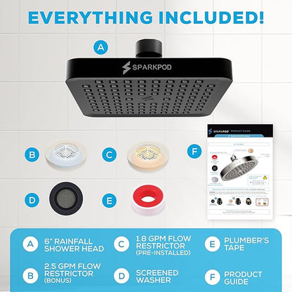 SparkPod Shower Head - High Pressure Rain - Premium Quality Luxury Design - Easy Clean Adjustable Replacement for Your Bathroom Shower Heads (Midnight Black Matte, 6 Inch Square)