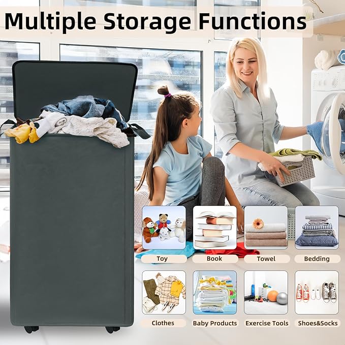 2 Pack 90L Collapsible Laundry Basket with Wheels Large Rolling Laundry Hamper with Lid and Removable Bag 4 Casters for Dirty Clothes Toy Organizer Bedroom Bathroom College Dorm Hotel, Grey