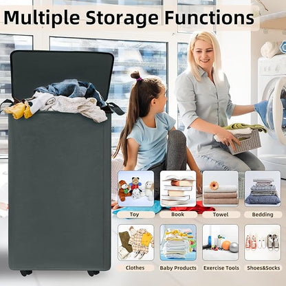2 Pack 90L Collapsible Laundry Basket with Wheels Large Rolling Laundry Hamper with Lid and Removable Bag 4 Casters for Dirty Clothes Toy Organizer Bedroom Bathroom College Dorm Hotel, Grey