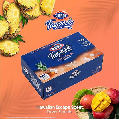 Clorox Fraganzia Fabric Softener Dryer Sheets, Wrinkle Reducing and Anti Static Laundry Dryer Sheets for Great Smelling Clothes, Softens Fabrics, Hawaiian Escape Scent, 105 Count - 6 Pack