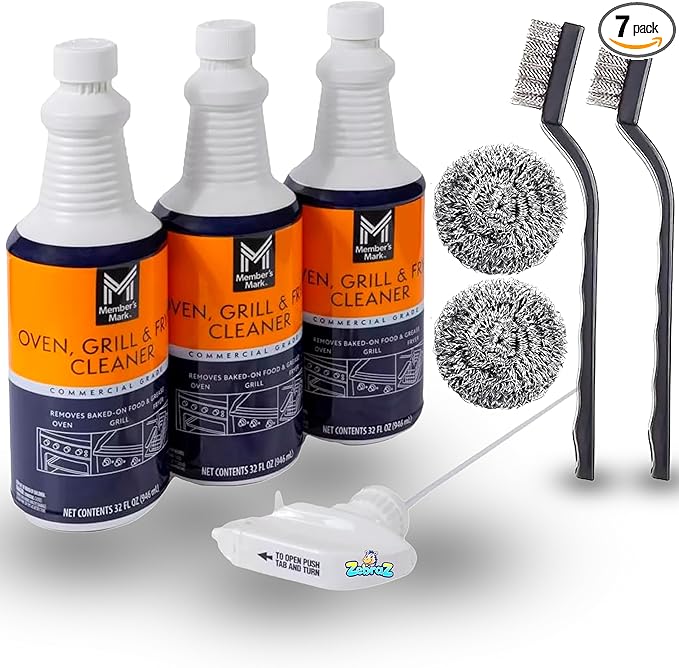 Heavy-Duty Oven, Grill & Fryer Cleaner Kit – 3 Bottles (32 fl oz Each) + Trigger Sprayer + 2 Steel Sponges + 2 Wire Brushes – Commercial Grade Grease Remover