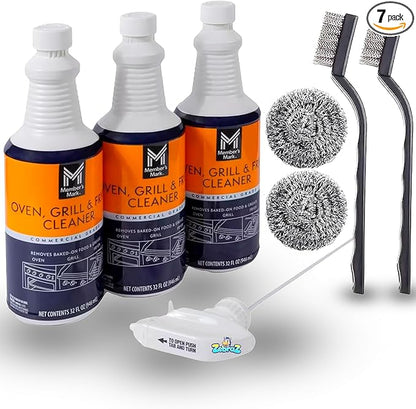 Heavy-Duty Oven, Grill & Fryer Cleaner Kit – 3 Bottles (32 fl oz Each) + Trigger Sprayer + 2 Steel Sponges + 2 Wire Brushes – Commercial Grade Grease Remover