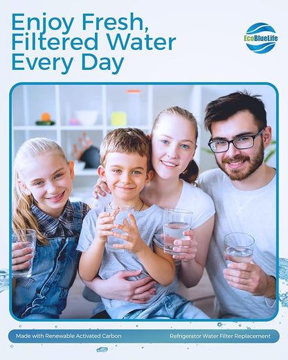 EcoBlueLife Refrigerator Water Filter Replacement using Renewable Activated Carbon. Easy Install Fridge Filter Replacement. Filters up to 300 Gallons of water, 6 Months of Purified Water