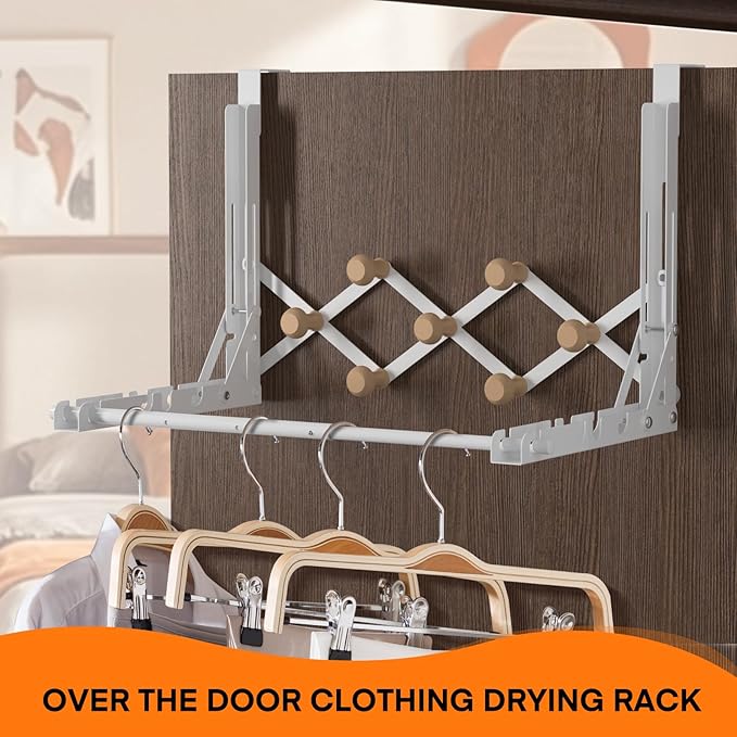 FYY Over The Door Drying Rack for Clothing - Collapsible Folding Over-Door Towel Hanger Multifunctional Expandable Clothes Drying Rod with 7 Hooks for Hanging Use in Bedroom Dorm Bathroom Laundry