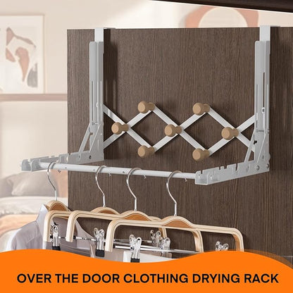 FYY Over The Door Drying Rack for Clothing - Collapsible Folding Over-Door Towel Hanger Multifunctional Expandable Clothes Drying Rod with 7 Hooks for Hanging Use in Bedroom Dorm Bathroom Laundry