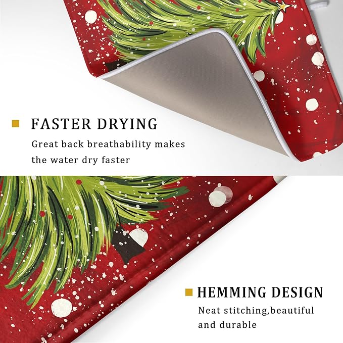 Christmas Tree Dish Drying Mat 18 x 24 Inch With Absorbent Reversible Microfiber Red Green Xmas Snowflake Drying Mats Winter Holiday Dish Drainer Mat Fast Dry For Kitchen Dining Room Decoration