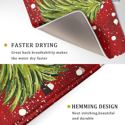 Christmas Tree Dish Drying Mat 18 x 24 Inch With Absorbent Reversible Microfiber Red Green Xmas Snowflake Drying Mats Winter Holiday Dish Drainer Mat Fast Dry For Kitchen Dining Room Decoration