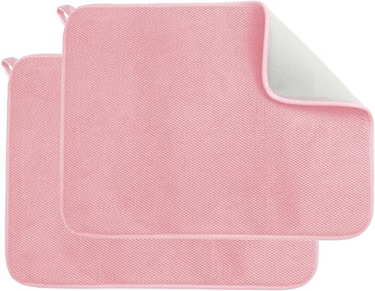 2 Pack Dishes Drying Mats for Kitchen Counter, 24 x 18 Inch Microfiber Dish Drying Pads with Hanging Loop, Super Absorbent Dish Drainer Mat, Thickened, Washable, Reusable, Pink