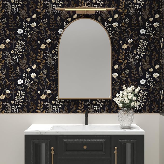 Vintage Adhesive Shelf Liner Contact Paper, 17.5" x 78" Black Floral Theme Wallpaper Boho Design for DIY Craft, Vinyl Removable Wallpaper for Dresser Dollhouse Cabinet Drawer in Dark Brown