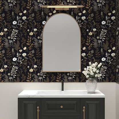 Vintage Adhesive Shelf Liner Contact Paper, 17.5" x 78" Black Floral Theme Wallpaper Boho Design for DIY Craft, Vinyl Removable Wallpaper for Dresser Dollhouse Cabinet Drawer in Dark Brown