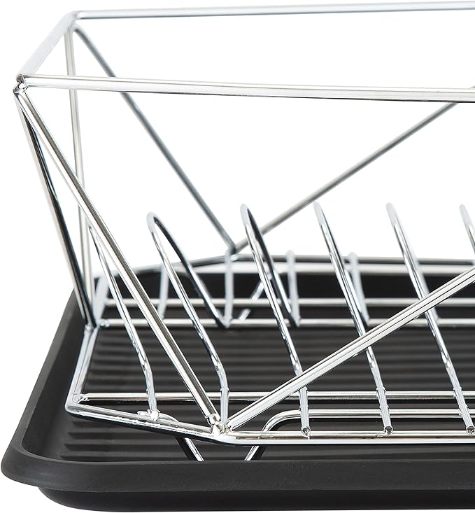 Kitchen Details Geode Deluxe Dish Drying Rack with Drain Board | Cutlery Basket | Utensil Holder | Iron Frame | Chrome