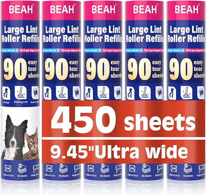 BEAH Lint Roller Refills (5 Packs, 450 Sheets) Lint Rollers for Pet Hair, Extra Sticky Refills, Compatible with 9.45-inch lint Rollers requiring a 1.5-inch Inner Diameter