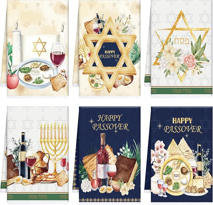 Happy Passover Kitchen Towels, Star of David Dish Towels Gifts for Cooking Cleaning Set of 6, Jewish Holiday Hand Towels with Hanging Loop for Bathroom Home Decor