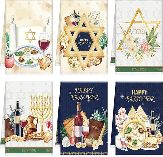 Happy Passover Kitchen Towels, Star of David Dish Towels Gifts for Cooking Cleaning Set of 6, Jewish Holiday Hand Towels with Hanging Loop for Bathroom Home Decor