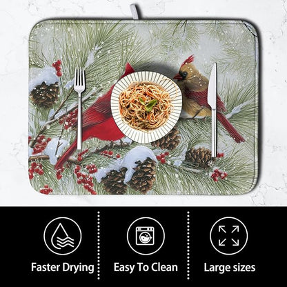 Winter Dish Drying Mat for Kitchen Counter 16x18 Inch Christmas Red Birds Drying Mats Xmas Holiday Microfiber Absorbent Dishes Drainer Mats Cardinal Dish Rack Pad