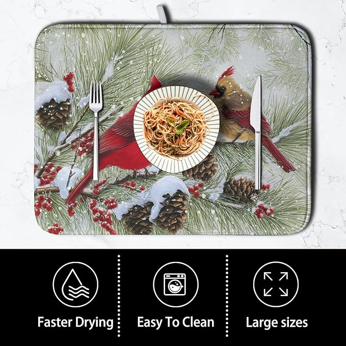 Winter Dish Drying Mat for Kitchen Counter 18x24 Inch Christmas Red Birds Drying Mats Xmas Holiday Microfiber Absorbent Dishes Drainer Mats Cardinal Dish Rack Pad