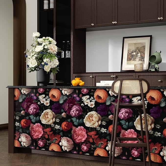 Fvlow Dark Floral Wallpaper Peel and Stick Vintage Colorful Flower Contact Paper 17.4" x 118" Black Floral Wallpaper Waterproof Self-Adhesive Wall Covering for Bedroom Countertop Desk Cabinet