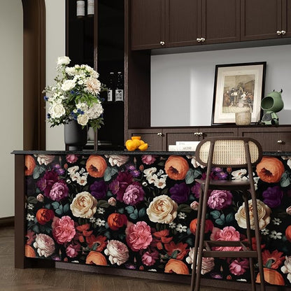 Fvlow Dark Floral Wallpaper Peel and Stick Vintage Colorful Flower Contact Paper 17.4" x 118" Black Floral Wallpaper Waterproof Self-Adhesive Wall Covering for Bedroom Countertop Desk Cabinet