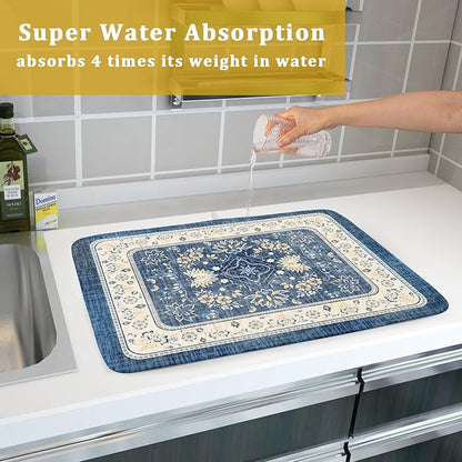 Blue Boho Dish Drying Mat for Kitchen Counter 18x24 Inch Fast Dry Drying Pad Vintage Floral Dish Drainer Rack Mats Coffee Bar Accessories