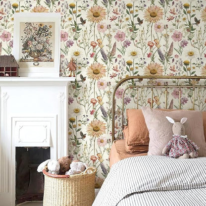 Livebor Floral Peel and Stick Wallpaper Floral Bird Contact Paper 16.9inch x 393.7inch Vintage Flower Wallpaper Peel and Stick Self Adhesive Flower Contact Paper Botanical Decor for Bathroom Vinyl