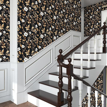 Vintage Black Peel and Stick Wallpaper – Black and Gold Floral Leaf Design Dark Metallic Self-Adhesive Vinyl Contact Paper for Bedroom, Cabinet, Drawer, Shelf Removable Wall Paper 17.5" x 118"