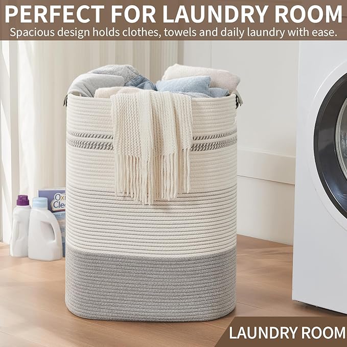 Laundry Basket with Handles - Blanket Basket & Hampers for Bedroom Aesthetic, Laundry Hamper & Blanket Storage for Living Room, Clothes Hamper, Tall, Large 17" x 14" x 22”, Grey