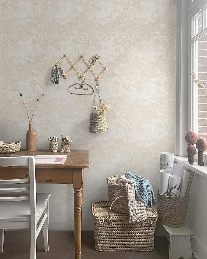 Heroad Peel and Stick Wallpaper Beige Neutral Vintage Forest Animals Floral Wallpaper Removable Self-Adhesive Contact Paper for Bedroom Living Room Cabinets Decoration Thicken Vinyl 17.3" x 197"