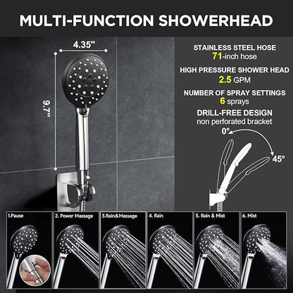 Veken Wide High Pressure Rain Shower Head with Handheld, Handheld Shower Heads with Multi Spray Modes, Rainfall Combo with 15" Metal Extension Arm,Detachable Dual Shower, Bathroom Decor,Chrome Silver