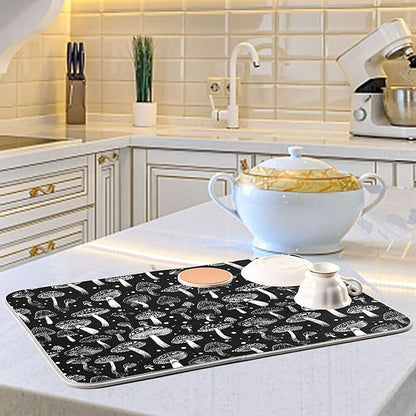 Eucalyptus Leaves Dish Drying Mat for Kitchen Countertop 18x24 Black White Floral Leaf Large Drying Mat Reusable Quick Dry Dish Sink Absorbent Mats Dishwasher Easy Clean Decorative Home Essentials