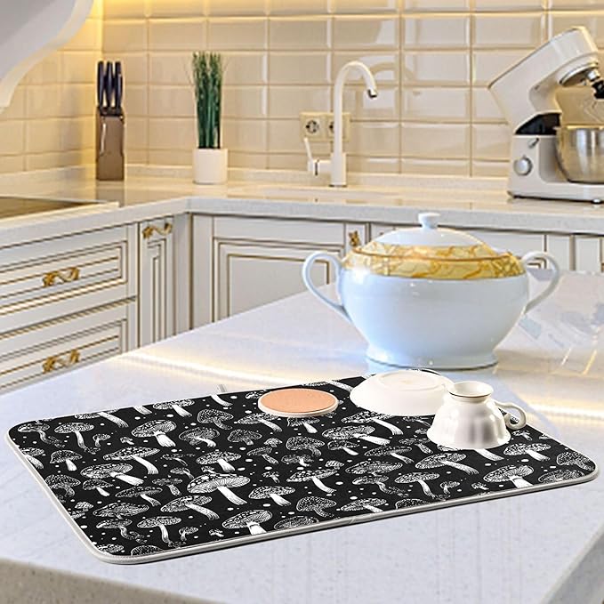 Eucalyptus Leaves Dish Drying Mat for Kitchen Countertop 16x18 Black White Floral Leaf Small Drying Mat Reusable Quick Dry Dish Sink Absorbent Mats Dishwasher Easy Clean Decorative Home Essentials