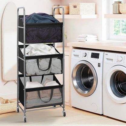 STO STO 3-Tier Vertical Rolling Laundry Hamper with Removable Bags, 120L Stackable Laundry Sorter Basket, Clothes Hamper with Wheels for Small Spaces, Closet, Bedroom, Bathroom, Laundry Room, Black