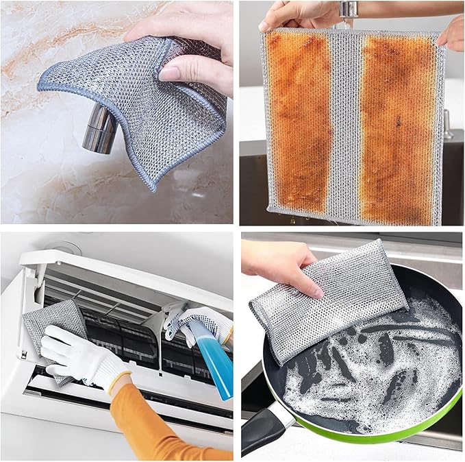 YinQin 6 PCS Double Layer Stainless Steel Scrubber Wire Dishwashing Cloth Non Scratch Stainless Steel Mesh Dish Cleaning Cloth 20x20 cm Metallic Wire Cleaning Rag Towel for Kitchen Dish Sink Stove Top