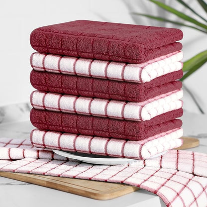 Homaxy Premium Cotton Kitchen Towels 16"x 28", Large Natural Ring Spun 390 GSM Dish Towels, Super Absorbent Terry Kitchen Hand Towels, Soft Tea Towels with Hanging Loop, Red Check Design,6 Pack