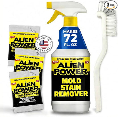 Alien Power 72 Fl Oz Instant Stain Remover Spray for Mold and Mildew and Grout, All Purpose No-Scrub Cleaner for Bathroom & Household Surfaces, Tiles, Wall, Black Mold & Washing Machines - 3 Pack Set