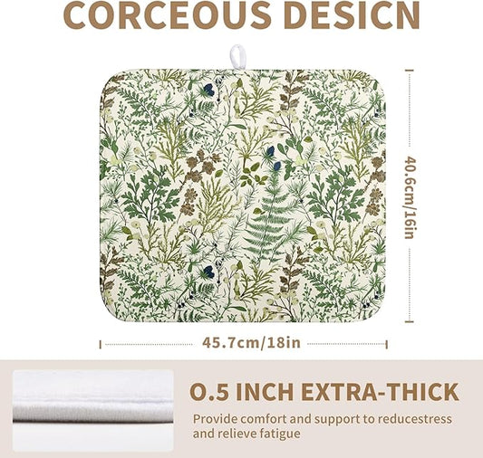 Sage Green Botanical Floral Dish Drying Mat for Kitchen Counter Vintage Herbs Fern Leaves Plant Drying Mats Absorbent Microfiber Dishes Drainer Mats Washable Dish Draining Pad Medium 16"x18"