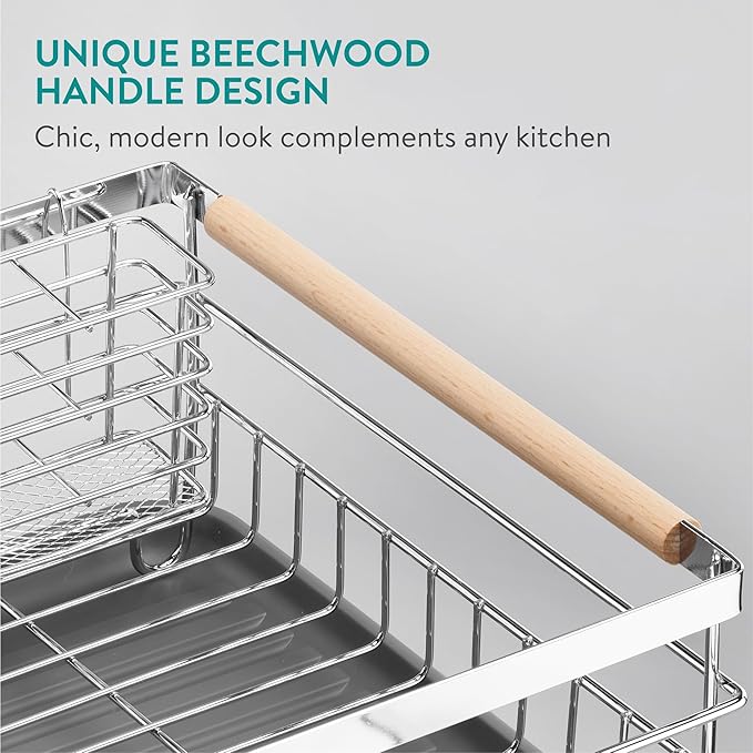 Navaris Dish Rack - Compact Drying Kitchen Board with Drip Tray & Cutlery Holder - Easy to Assemble and Clean Dishes - Sink Drainer Rack - Silver with Wooden Handles
