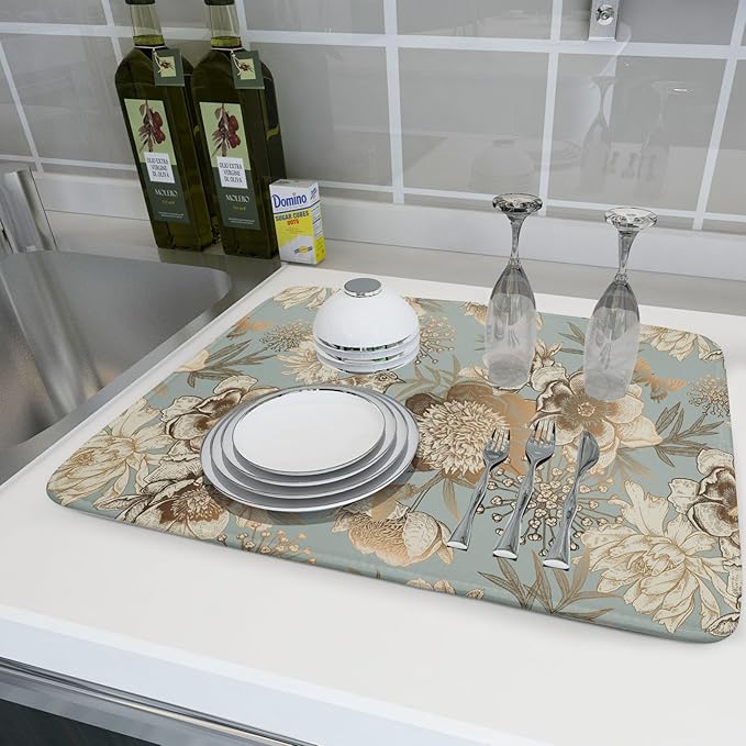 Retro Flower Bird Dish Drying Pad 18 x 24 Inch With Absorbent Reversible Microfiber Vintage Blue Gold Floral Drying Mats Dish Drainer Mat Fast Dry For Kitchen Dining Room Decoration