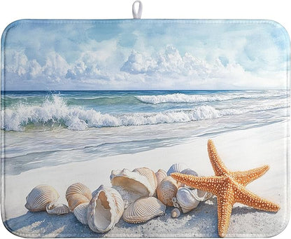 Summer Beach Dish Drying Mat for Kitchen Counter Starfish Coastal Shells Kitchen Dishes Dryer Pad Absorbent Matt Microfiber Washable Foldable Reusable Large 18x24 in