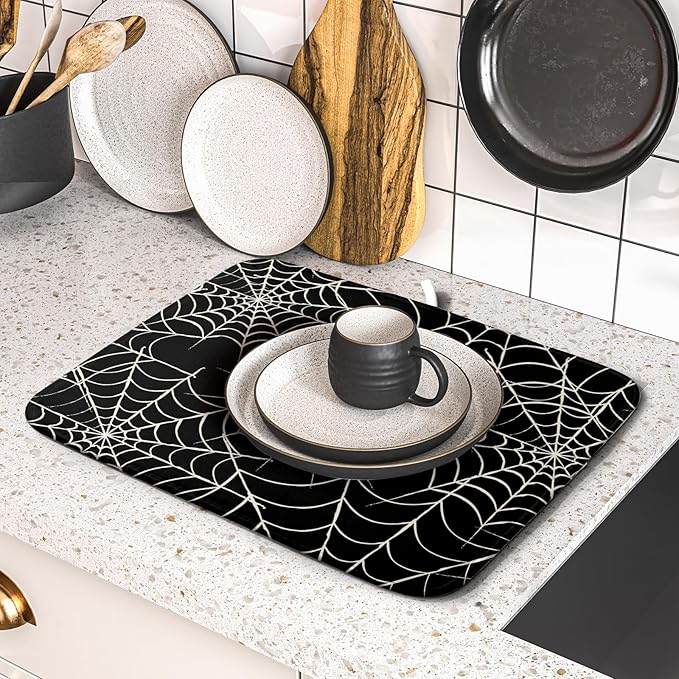 Halloween Dish Drying Mat for Kitchen Counter 16x18 Spider Web Black Holiday Scary Theme Absorbent Reversible Microfiber Drying Mats Kitchen Countertop Protector Dishes Drainer Pad