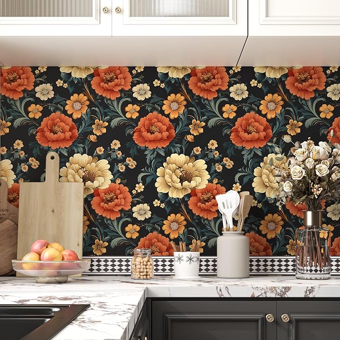 Vintage Vibrant Floral Peel and Stick Wallpaper, Dark Classic Flower Design Self Adhesive Wallpaper for Cubicle Bedroom Cabinet, Vinyl Removable Contact Paper Antique Wall Decor 17.5In x 118In