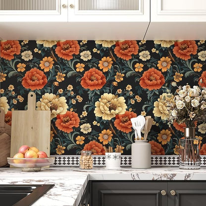 Vintage Vibrant Floral Peel and Stick Wallpaper, Dark Classic Flower Design Self Adhesive Wallpaper for Cubicle Bedroom Cabinet, Vinyl Removable Contact Paper Antique Wall Decor 17.5In x 118In