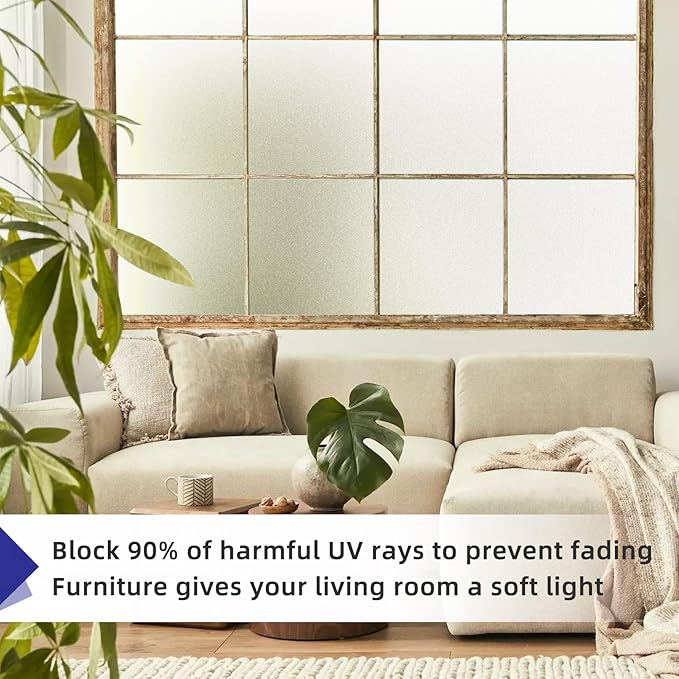 Frosted Window Privacy Film Non-Adhesive Static Cling Bathroom Decorative Stickers Heat Control UV Blocking Opaque Glass Window Coverings Film for Home Front Door Office 35.4 Inch x 7.8 Feet
