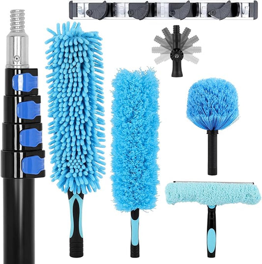 FAHKNS 30 Foot High Ceiling Fan Duster, Heavy Duty High Reach Duster Kit for Cleaning, Spider Web Brush, Washable Dust Brush for High Roof and Glass Surfaces (with 5-24ft Extension Pole)