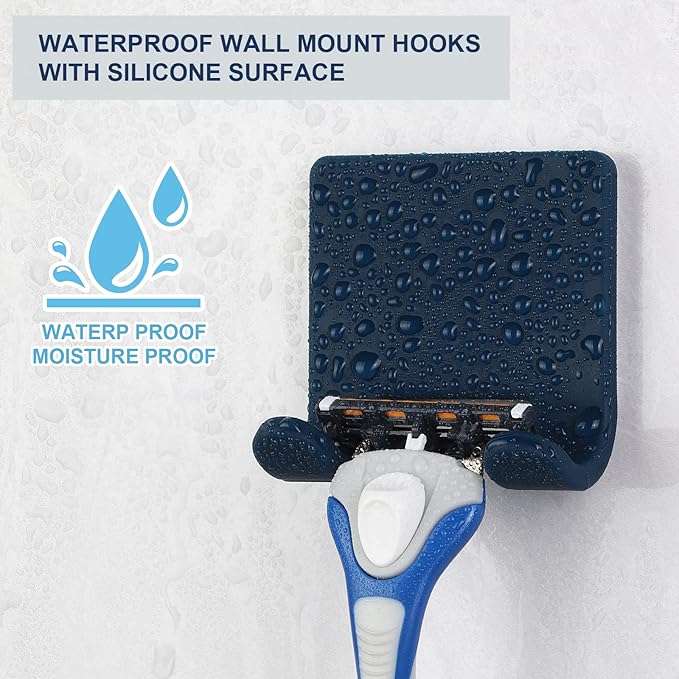 VANZAVANZU Razor Shaver Holder for Shower Wall Adhesive Hooks for Hanging, Bathroom Silicone Waterproof Decorative Shower Hooks Hair Brush Holder for Towel (2 Pack-Navy Blue)