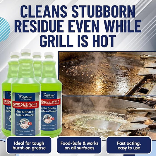 Griddle-Whiz Grill & Griddle Cleaner (4-Pack) | Removes Grease, Food Residue, Burnt On Organics | High Heat Flat Top Grill Cleaner, Food Contact Surface | Non-Caustic Formula by FryOilSaver (32oz)