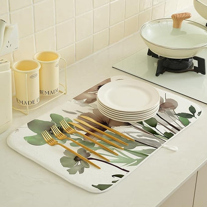 Spring Dish Drying Mat 18x24 Inches For Kitchen Counter Absorbent Brown Green Floral Kitchen Decoration Drying Mat Summer Flower Decorative Pad For Home Kitchen,Dining Room,Office Decoration