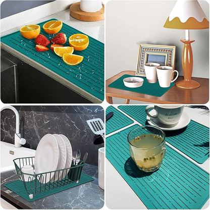 GeeRic Dish Drying Mats, Heat-resistant Silicone Mat for Kitchen Counter, Non-Slip Dish Dry Mat Dishwasher Safe Medium, Turquoise